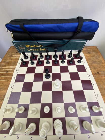 Windmill Staunton Emisario Design Chess set (chess pieces + roll-up mat board + Nylon tube bag)