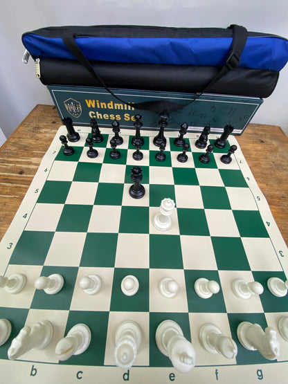 Windmill Staunton Emisario Design Chess set (chess pieces + roll-up mat board + Nylon tube bag)