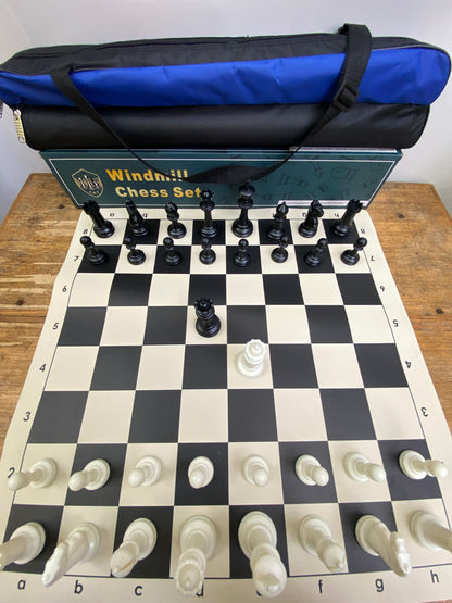 Windmill Staunton Emisario Design Chess set (chess pieces + roll-up mat board + Nylon tube bag)