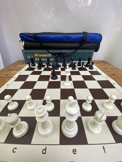Windmill Staunton Emisario Design Chess set (chess pieces + roll-up mat board + Nylon tube bag)