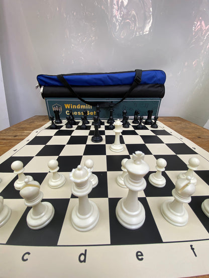 Windmill Staunton Emisario Design Chess set (chess pieces + roll-up mat board + Nylon tube bag)
