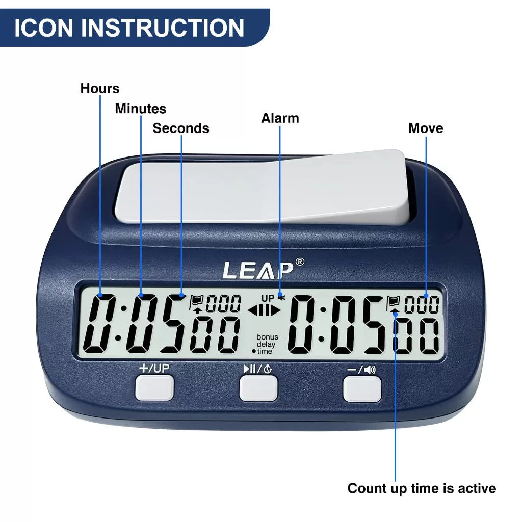 Leap Chess Clock Upgraded Model with Preset Time Sets and Large LCD Display - Blue